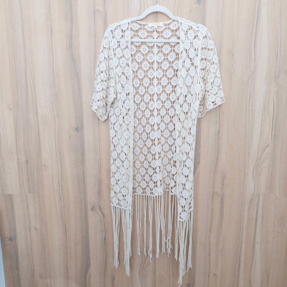 Rebellion Crochet Fringe‎ Kimono Cardigan Size XS Cream Boho Festival Coastal